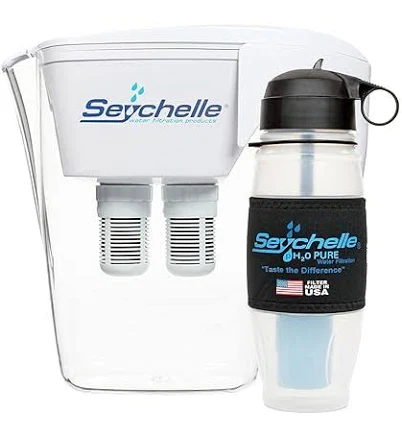 64oz Seychelle pH20 Alkaline Water Filter Pitcher (Includes Filters) and 28oz Seychelle pH20 Alkaline Water Filter Bottle (Includes Filter) Bundle