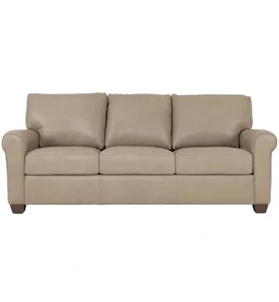 American Leather Sutton Champagne Leather Sofa with Rolled Arms and Medium Wood Stain Block Feet