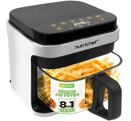 Nutrichef 5.8 Quart Air Fryer 8-1 Preset Cook Modes Transparent Fry Bowl for Cooking Results