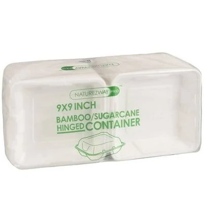 Naturezway Compostable Bamboo/Sugarcane 9"x 9"x 3.2" Hinged-Lid Containers