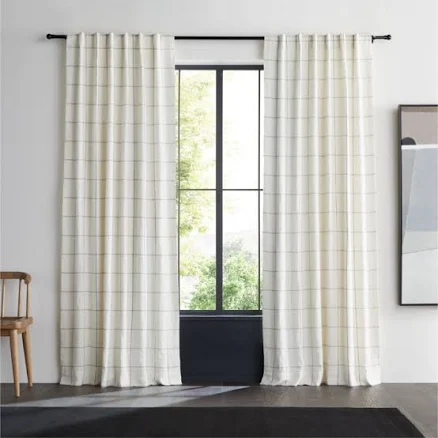 Crate and Barrel Crate & Barrel Warm Beige & Storm Grey Linen Double Pinstripe Grid Blackout Window Curtain Panel