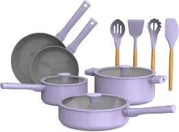 Bella So Yummy by Bella 12 Piece Cookware Set w EverGood Ceramic Nonstick Coating​ and Silicone & Wood Utensils, Dishwasher Safe Silicone & Glass Lids, Oven