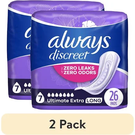 (2 pack) Always Discreet Adult Incontinence Pads for Women, Ultra Absorbent, Long Length, Postpartum Pads