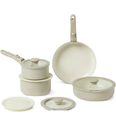 Amazon Basics Ceramic Nonstick Pots and Pans Set with Detachable handle, 11-Piece Stackable set, All Cooktop Friendly, Includes Saucepan, Frying pan