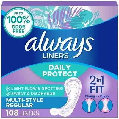 Always Daily Protect Multi-Style Regular Length Unscented Panty Liners (108 ct)