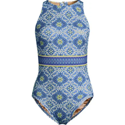 Lands' End Women's Tugless High Neck Portrait Back One Piece Swimsuit