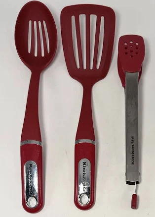 Kitchenaid Red Slotted Spatula Spoon Silicone Tipped Tongs 3 Pc Set