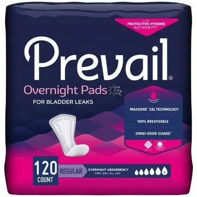 Prevail Incontinence Bladder Control Pads, Regular, Overnight Absorbency, Case of 120