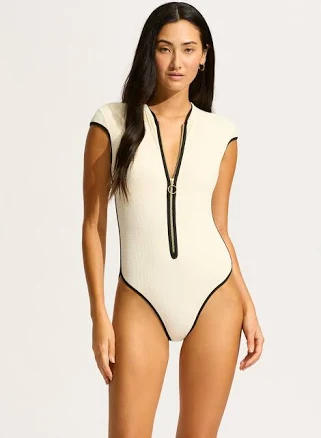 Seafolly Women's Cap Sleeve Zip-Front One Piece Swimsuit