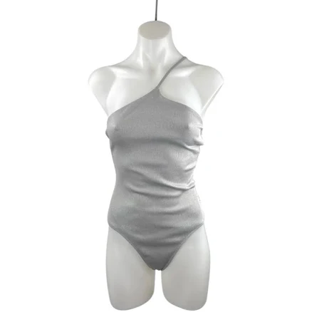 Alo Yoga Alosoft Ribbed Shimmer Pliet Bodysuit Asymmetrical Swimsuit