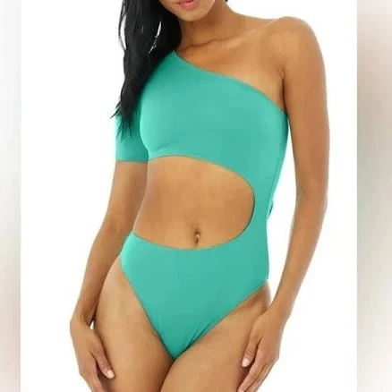 Alo Yoga Body Wave Cutout One Shoulder One Piece Bodysuit in Ocean/Teal